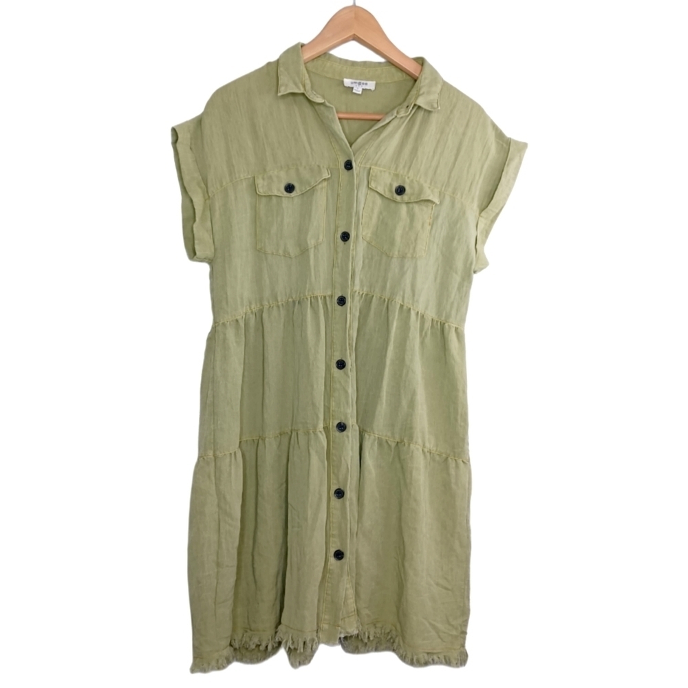 Umgee Light Olive Button-Down Tiered Mini Dress